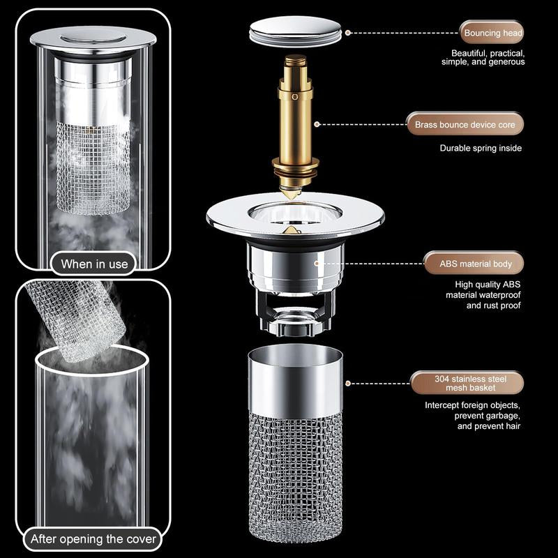 Bathroom Sink Drain Strainer, Pop up Sink Drain Strain, Bathroom Sink Stopper with Removable Stainless Steel, Filter Basket Hair Catcher Hair Catcher
