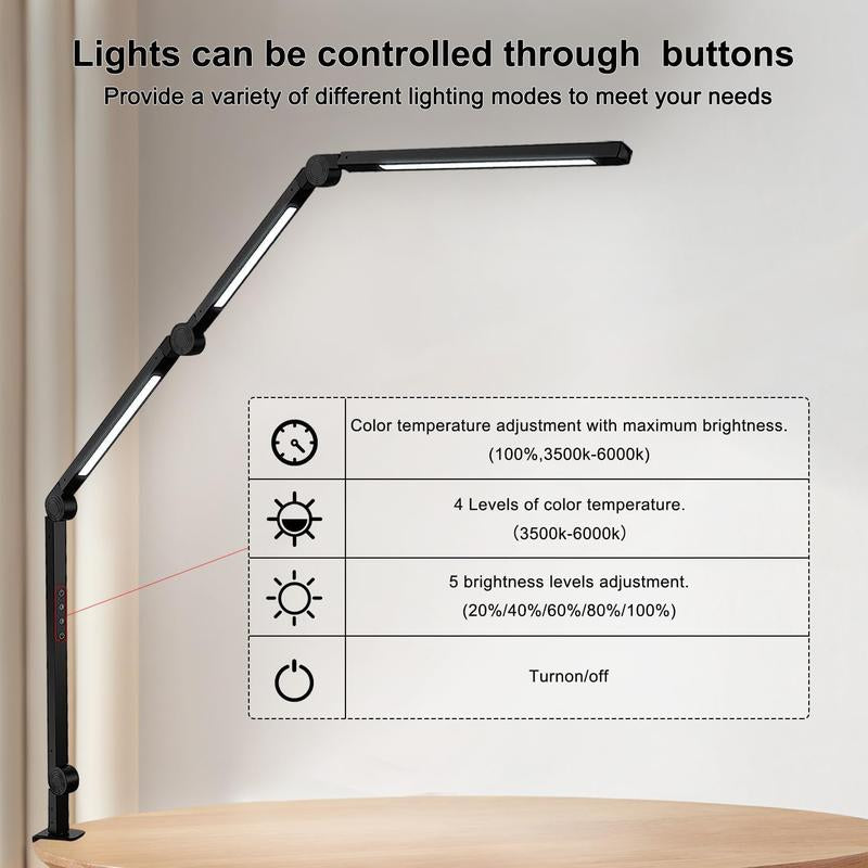 SEGRASS LED Desk Lamp with Clamp Flexible 4 Sections Swing Arm, 4 Color Modes, 5 Brightness, Eye-Caring LED Table Light with Memory Function Lamp for Living Room Room Light