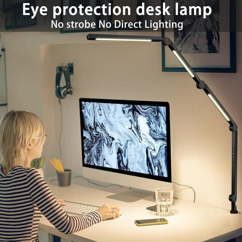 SEGRASS LED Desk Lamp with Clamp Flexible 4 Sections Swing Arm, 4 Color Modes, 5 Brightness, Eye-Caring LED Table Light with Memory Function Lamp for Living Room Room Light
