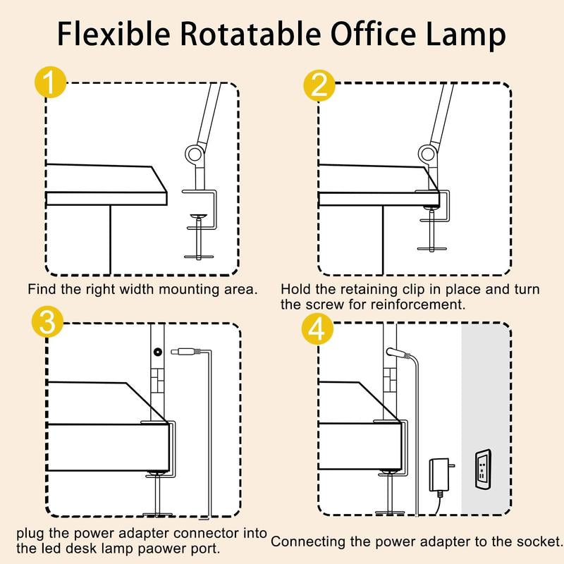 SEGRASS LED Desk Lamp with Clamp Flexible 4 Sections Swing Arm, 4 Color Modes, 5 Brightness, Eye-Caring LED Table Light with Memory Function Lamp for Living Room Room Light