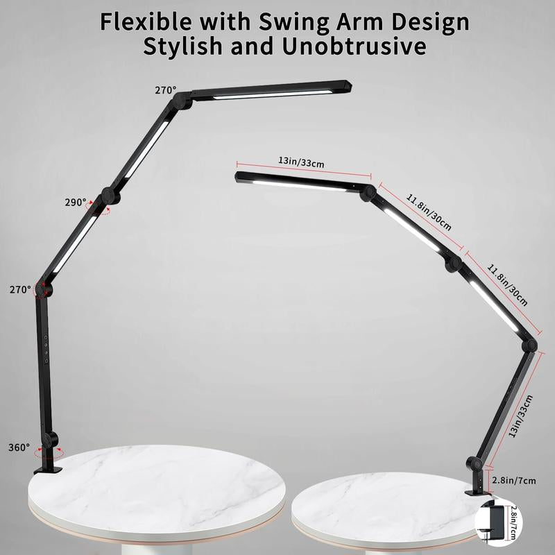 SEGRASS LED Desk Lamp with Clamp Flexible 4 Sections Swing Arm, 4 Color Modes, 5 Brightness, Eye-Caring LED Table Light with Memory Function Lamp for Living Room Room Light