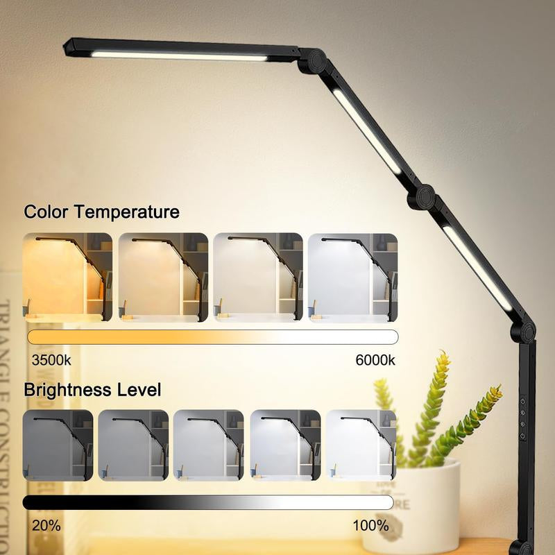 SEGRASS LED Desk Lamp with Clamp Flexible 4 Sections Swing Arm, 4 Color Modes, 5 Brightness, Eye-Caring LED Table Light with Memory Function Lamp for Living Room Room Light